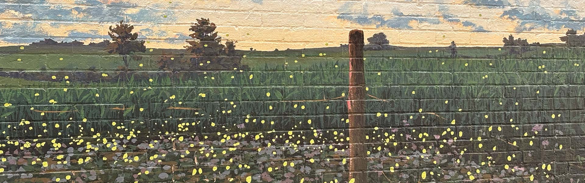 Conrad Kaufman painted this landscape scene depicting a field at dusk with fireflies emerging and speckling the space. 