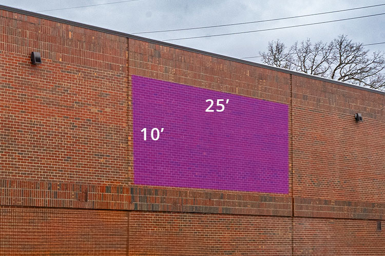 East facing side of the Kalamazoo Transit Building with a purple overlay indicating the dimensions of the space reserved for a mural.