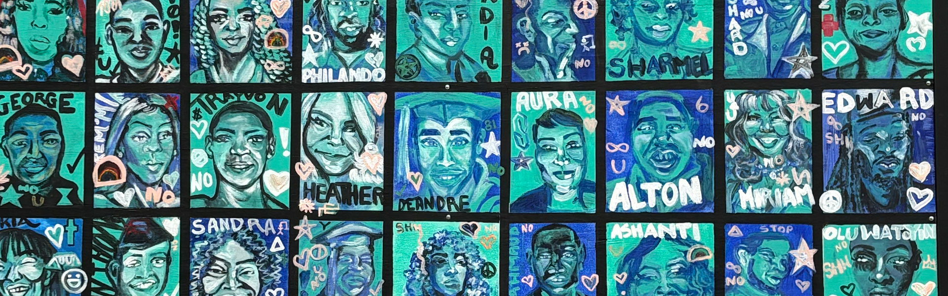 Mural art by Maya James located at 801 Central Place depicts faces and names of people of color in Kalamazoo in a color palette of teal, navy blue, and royal blue with pink elements.